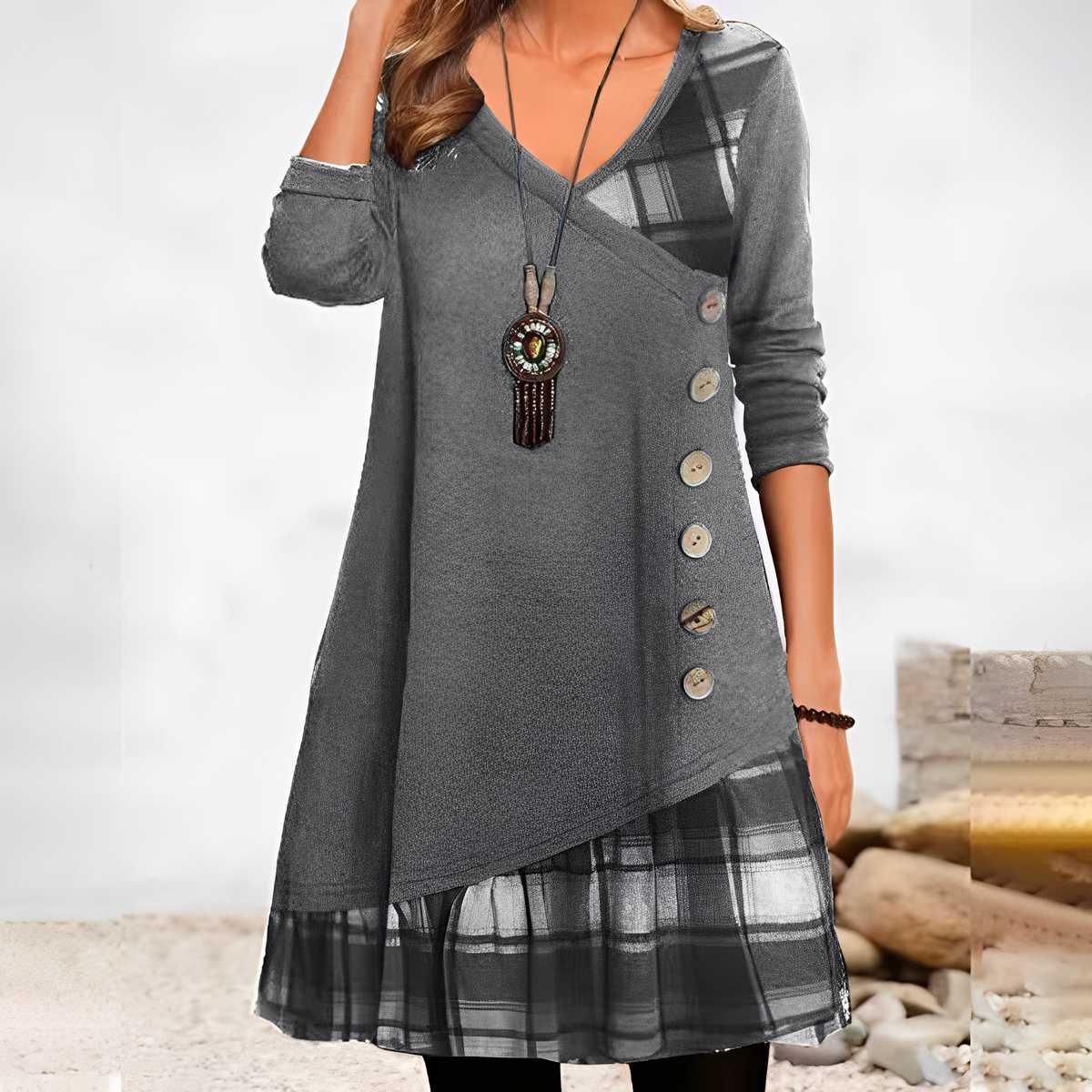 Shawnee - Casual dress with patchwork design and checks for women