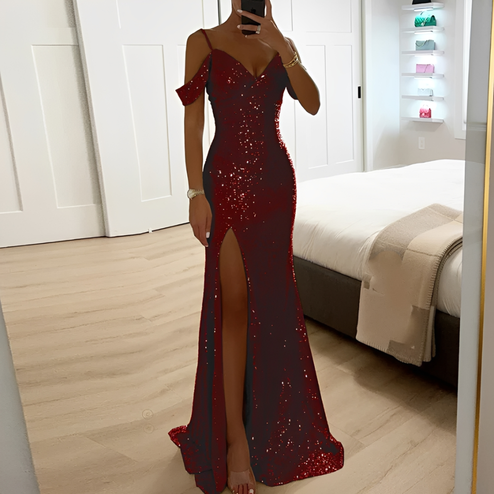 Lorena – Women's Evening Dress with Sequins, Open Shoulders and Slit