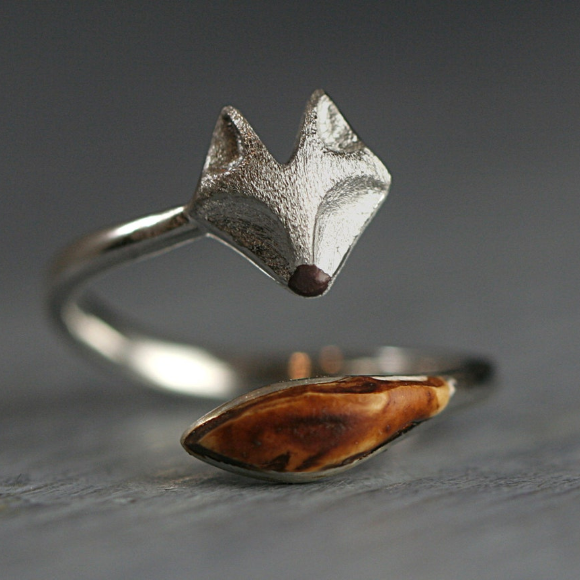Wooden Adjustable Ring - Silver Fox Face Ring