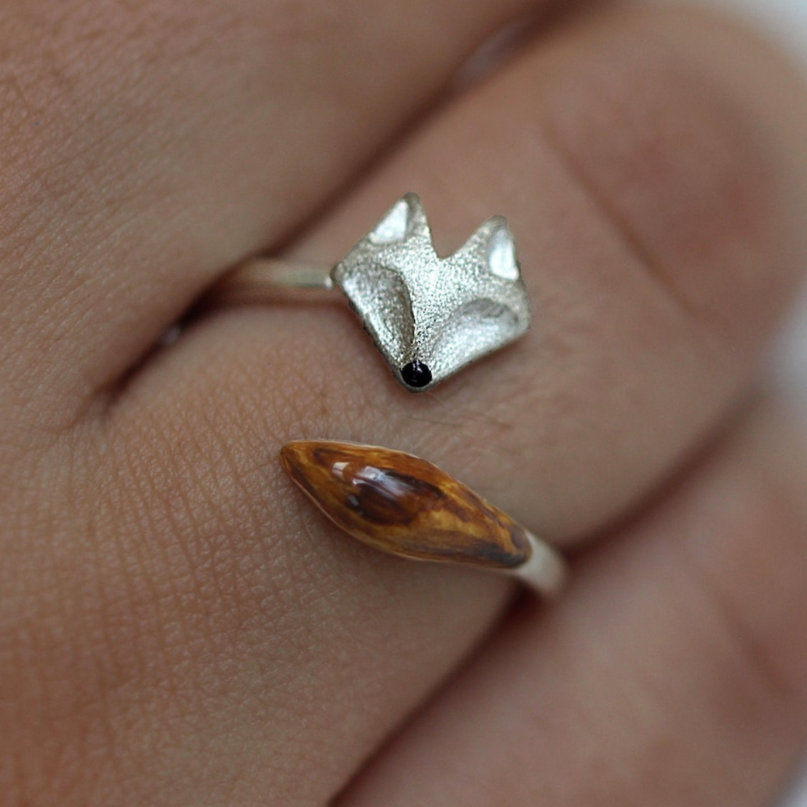 Wooden Adjustable Ring - Silver Fox Face Ring