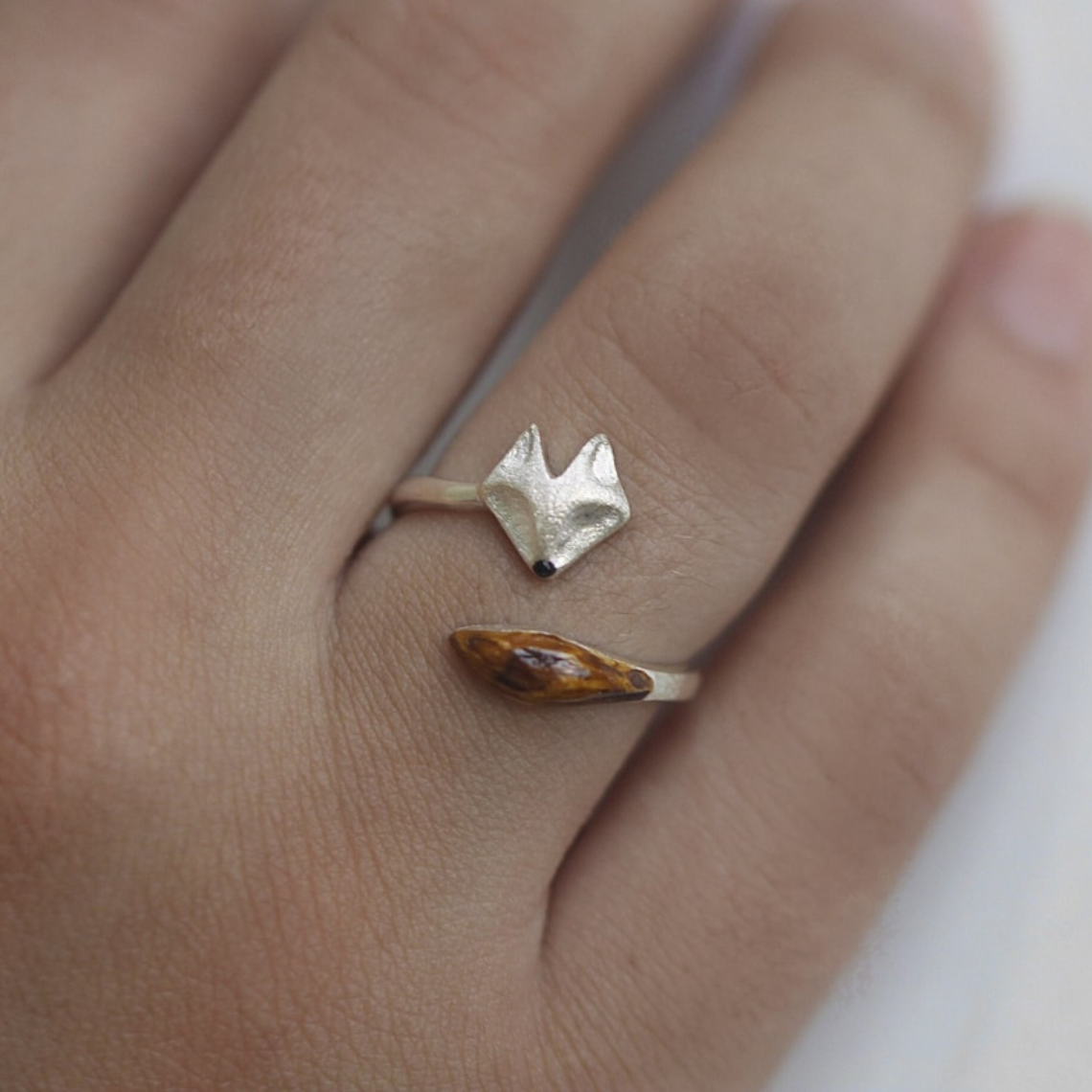 Wooden Adjustable Ring - Silver Fox Face Ring