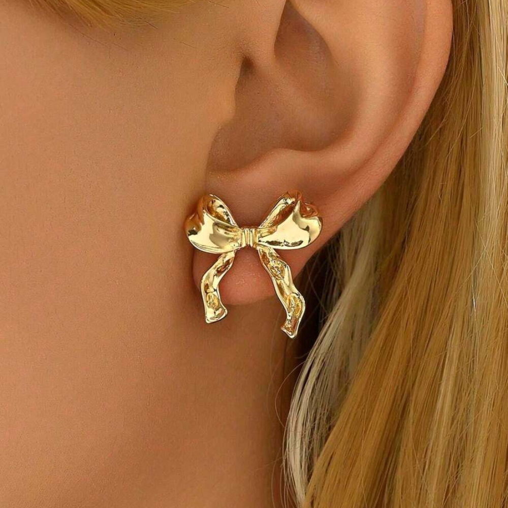 White gold earrings with bow - Button earrings with bow pattern