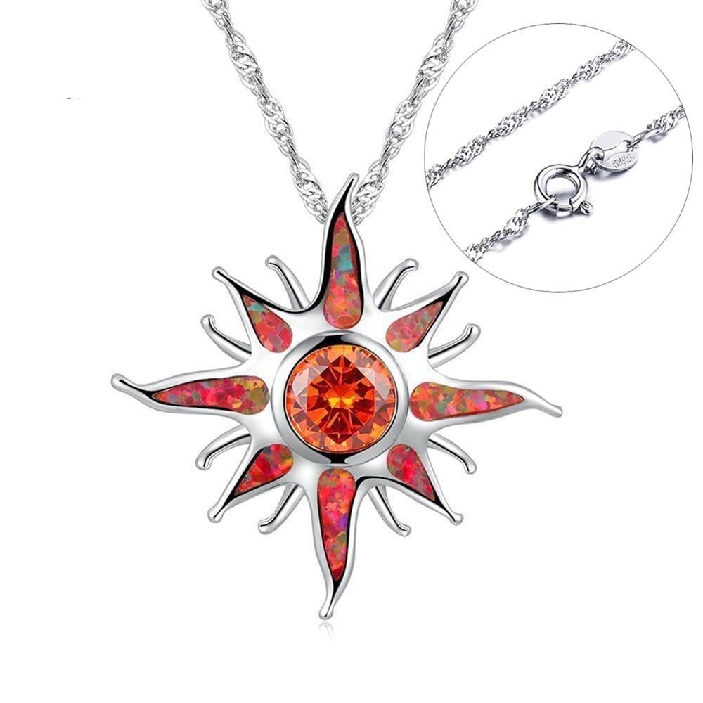 Yani – Necklace with sun ray pendant of fire opal and garnet