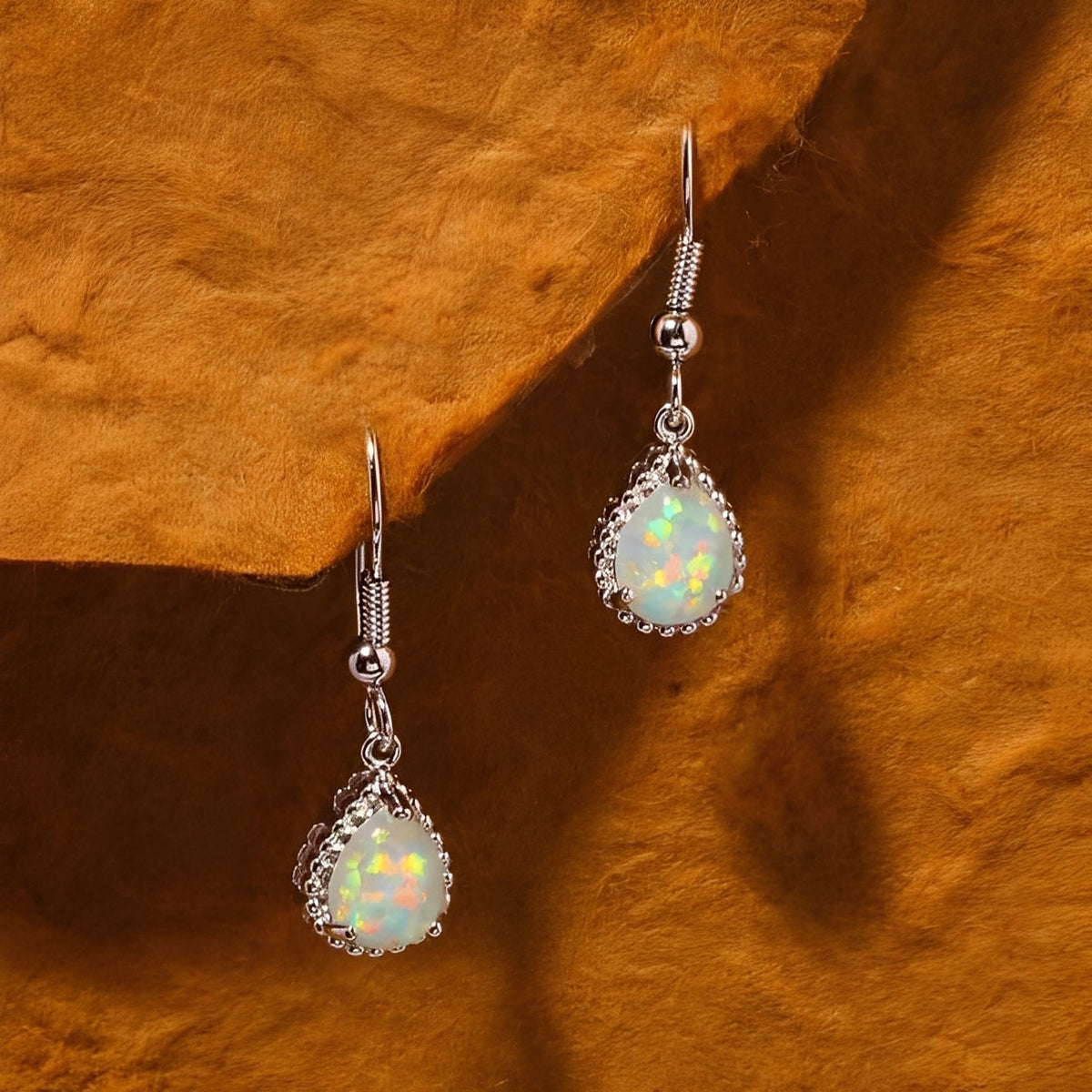 Emeline – Silver and white fire opal drop earrings