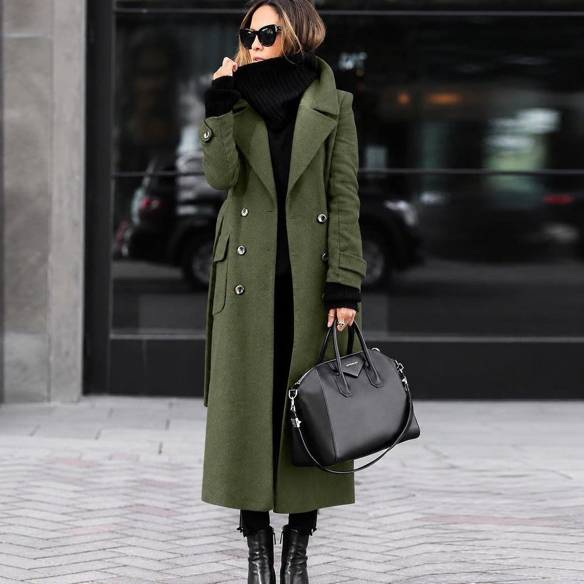 Helene - Long tailored women's coat with double button closure