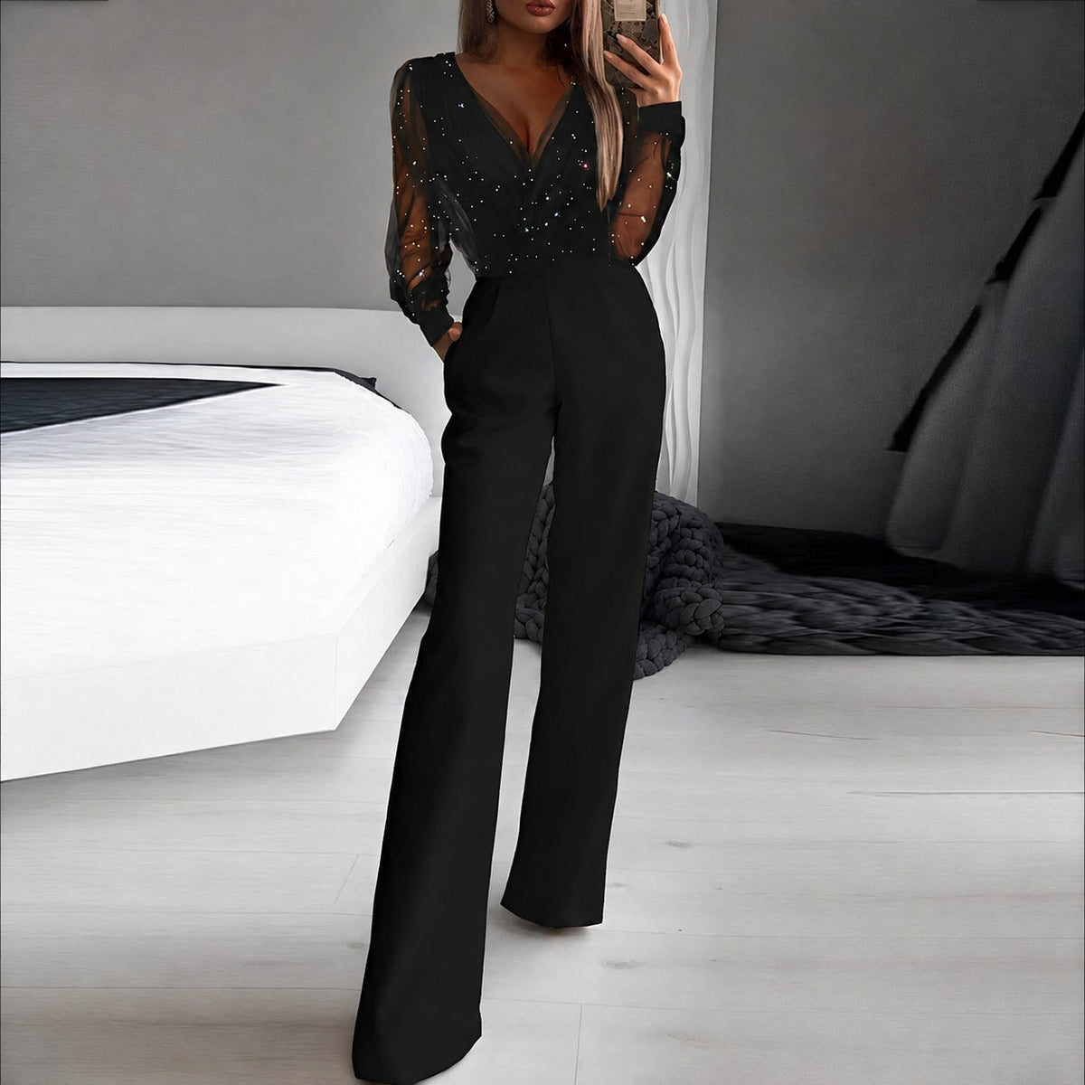Catherina - Women's V-neck jumpsuit with sparkle