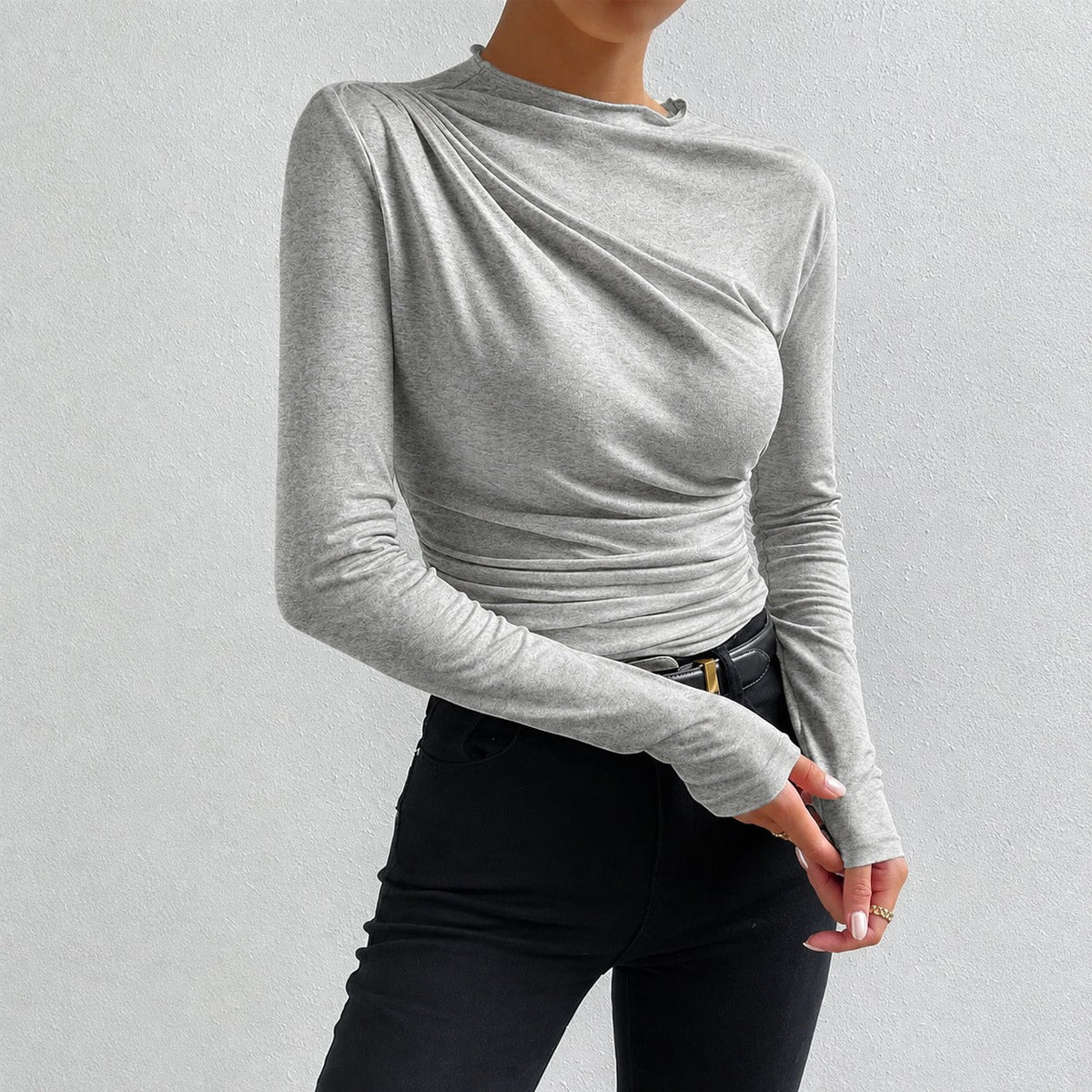 Livia - Long-sleeved, form-fitting shirt with ruffles