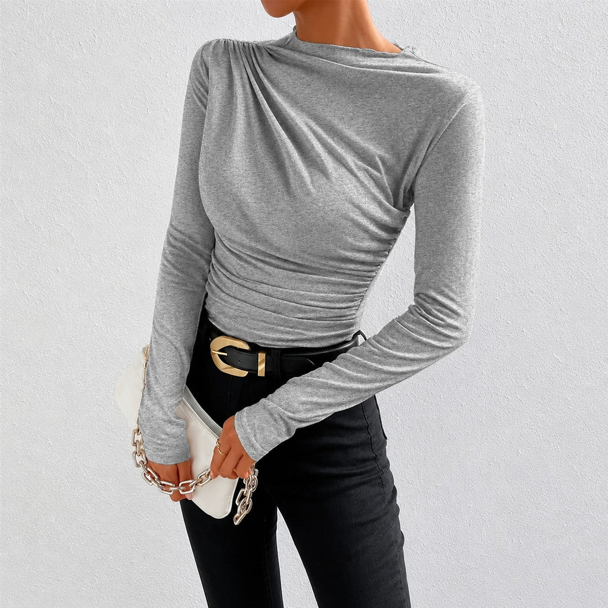 Livia - Long-sleeved, form-fitting shirt with ruffles