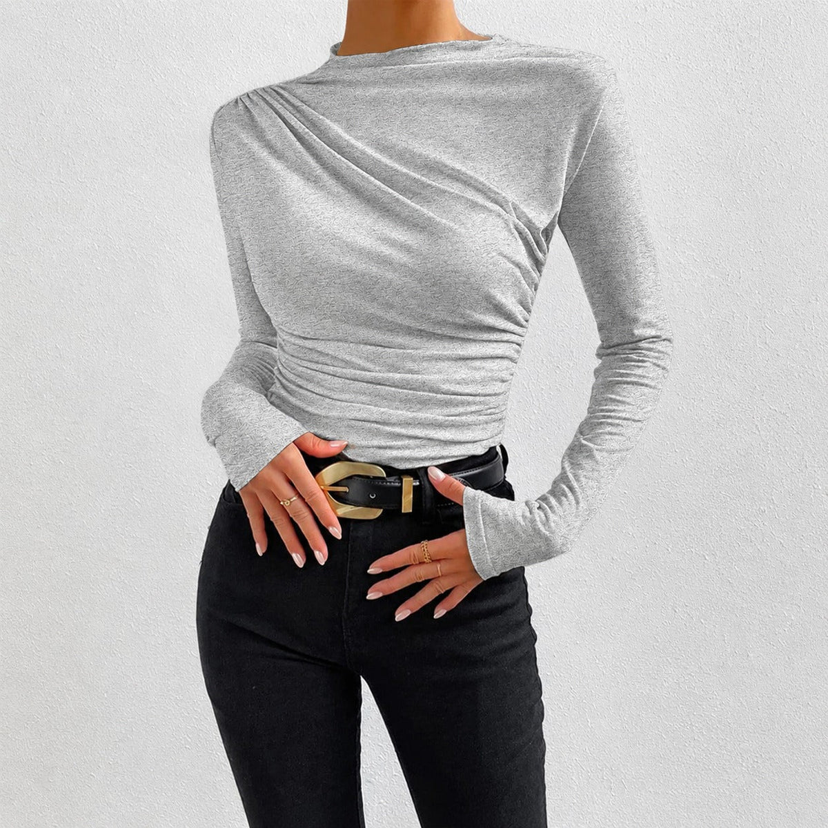 Livia - Long-sleeved, form-fitting shirt with ruffles