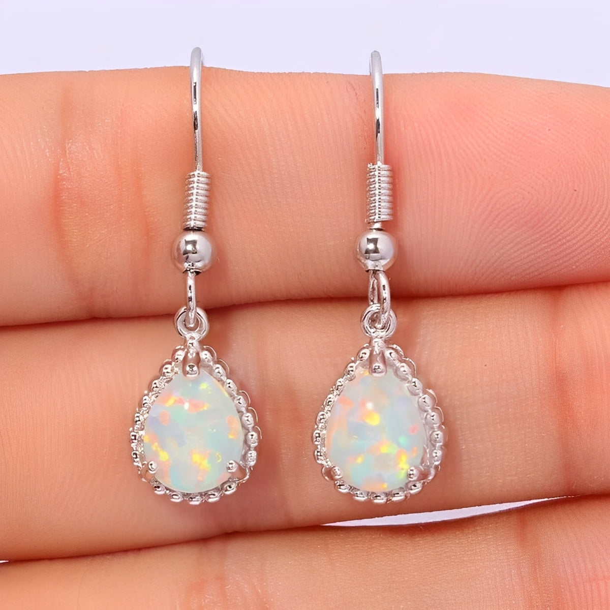 Emeline – Silver and white fire opal drop earrings