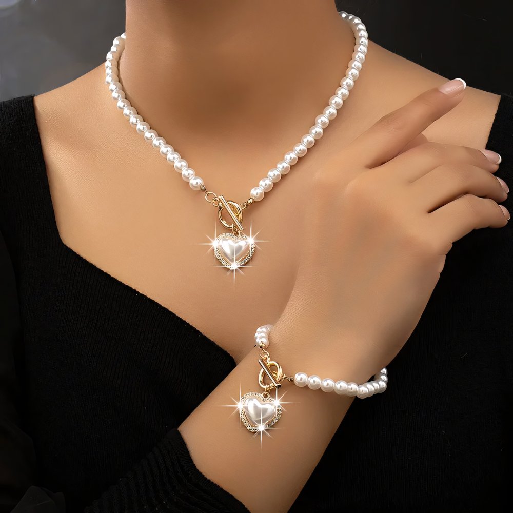 Lara – Necklace and Bracelet Set Pearl Heart