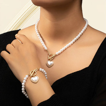 Lara – Necklace and Bracelet Set Pearl Heart