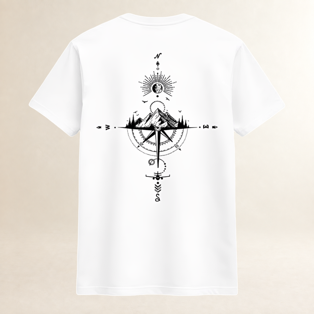 Men's Crew Neck Short Sleeve T-Shirt with Compass & Mountain Back Graphic, Regular Fit