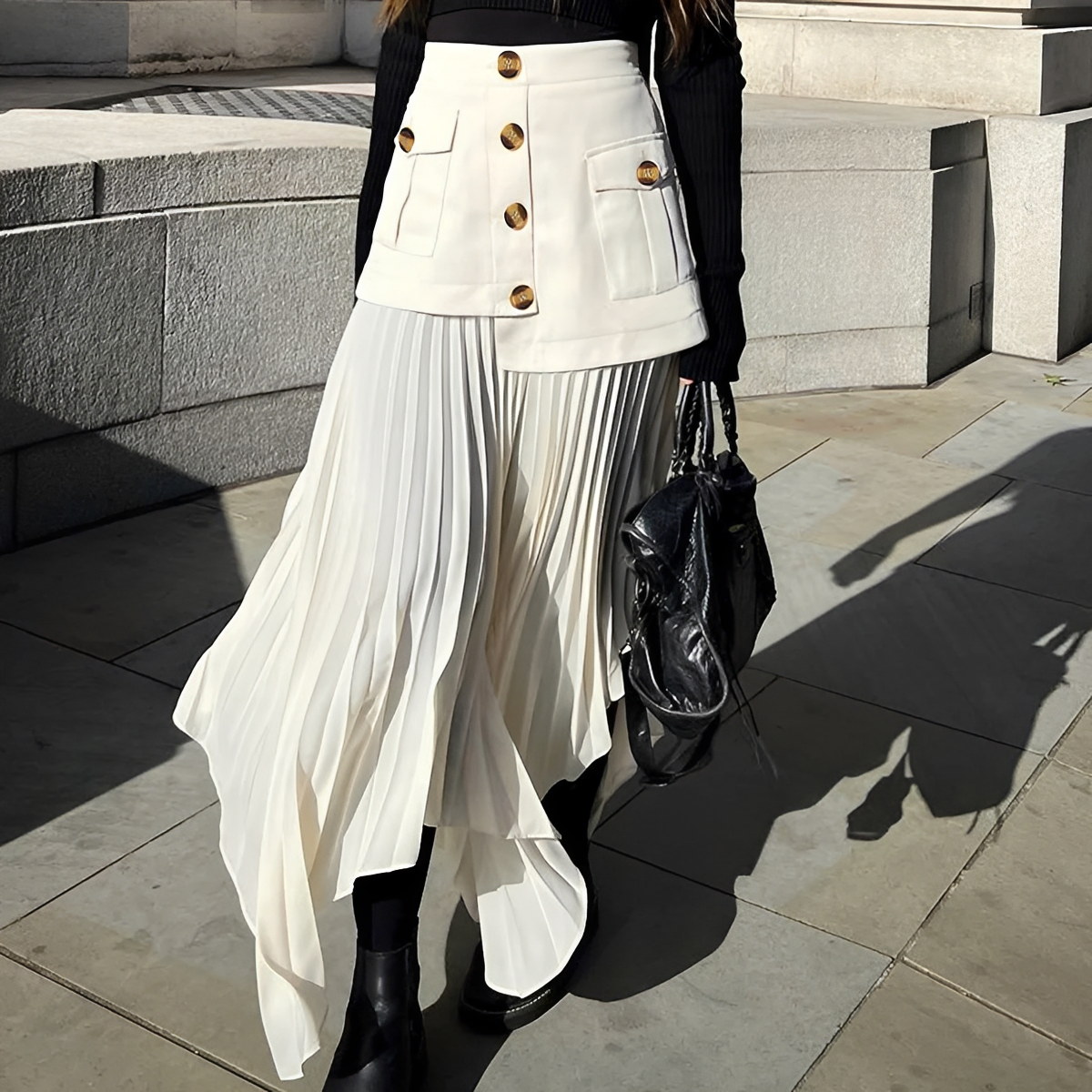 Asymmetrical Midi Skirt for Women Pleated Design Button Front Relaxed Fit