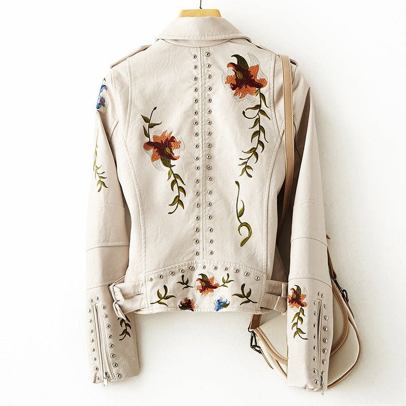 Biker Jacket for Women with Floral Embroidery and Stud Accents - Slim Fit