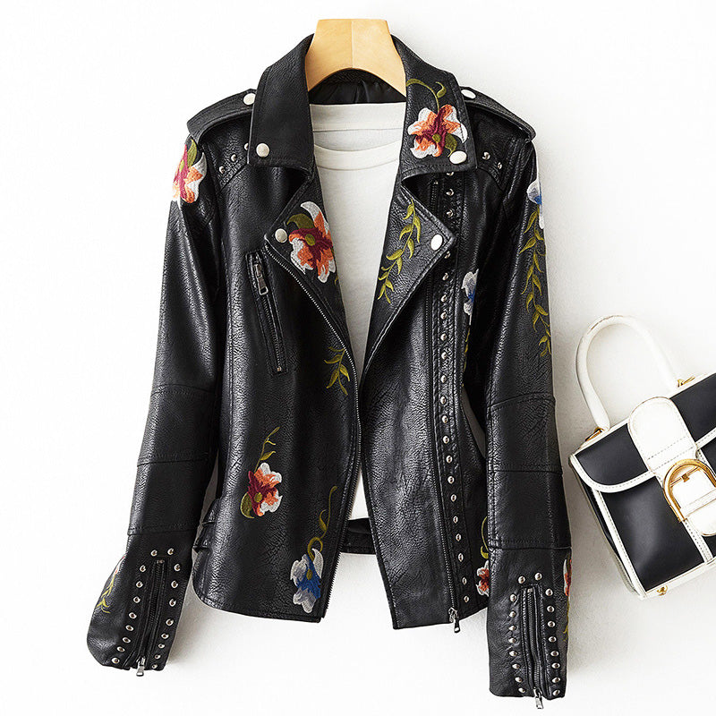 Biker Jacket for Women with Floral Embroidery and Stud Accents - Slim Fit