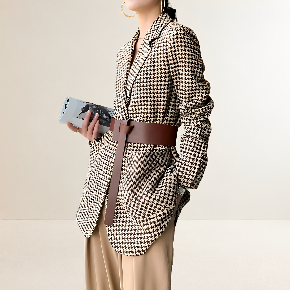 Blazer for Women Houndstooth Pattern Long Sleeve with Belt Regular Fit