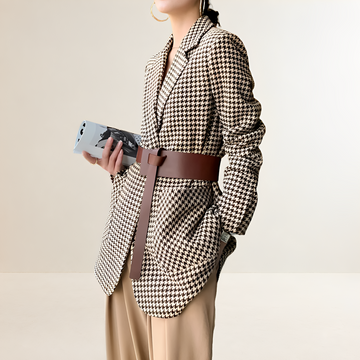Blazer for Women Houndstooth Pattern Long Sleeve with Belt Regular Fit