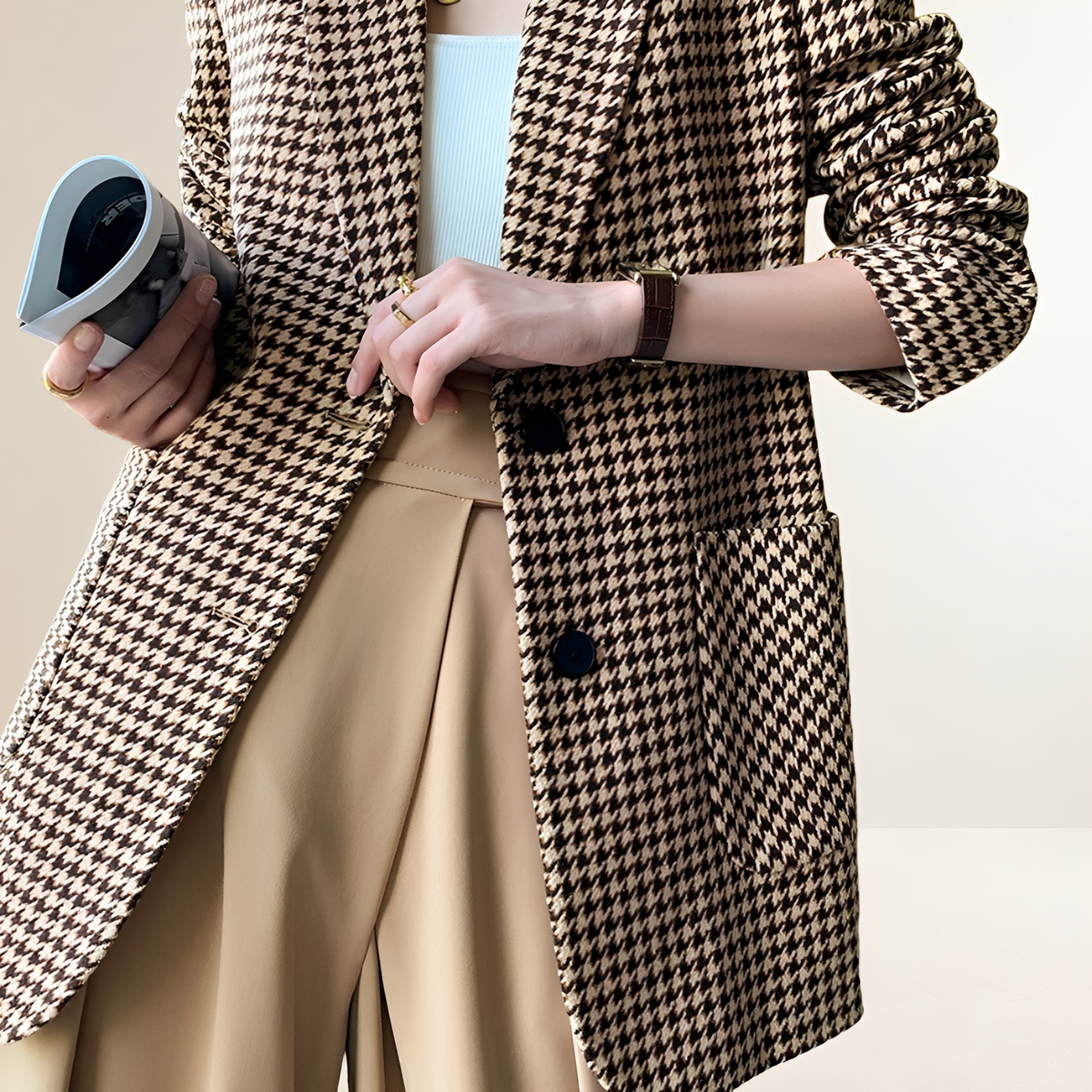 Blazer for Women Houndstooth Pattern Long Sleeve with Belt Regular Fit