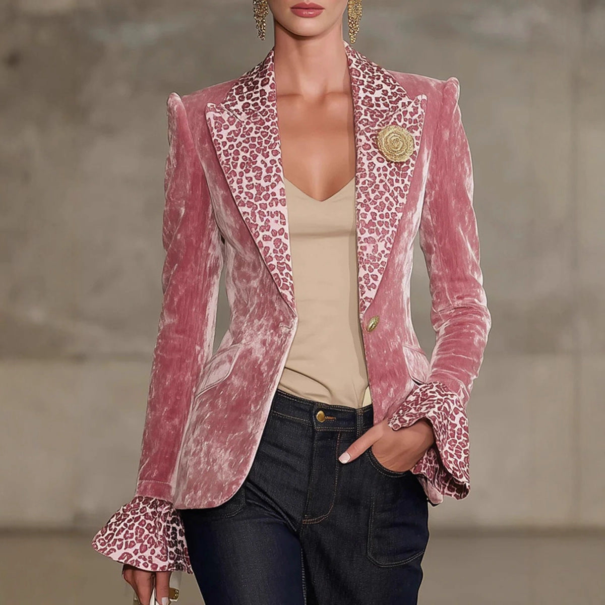 Blazer for Women Leopard Print Contrast Lapel Ruffled Cuffs Regular Fit