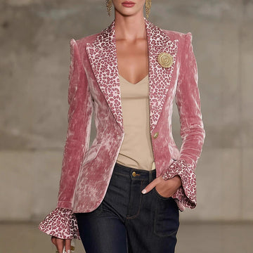 Blazer for Women Leopard Print Contrast Lapel Ruffled Cuffs Regular Fit