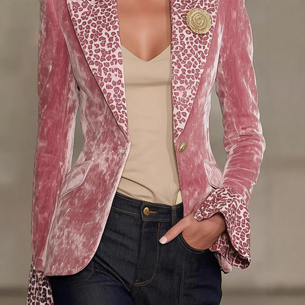 Blazer for Women Leopard Print Contrast Lapel Ruffled Cuffs Regular Fit