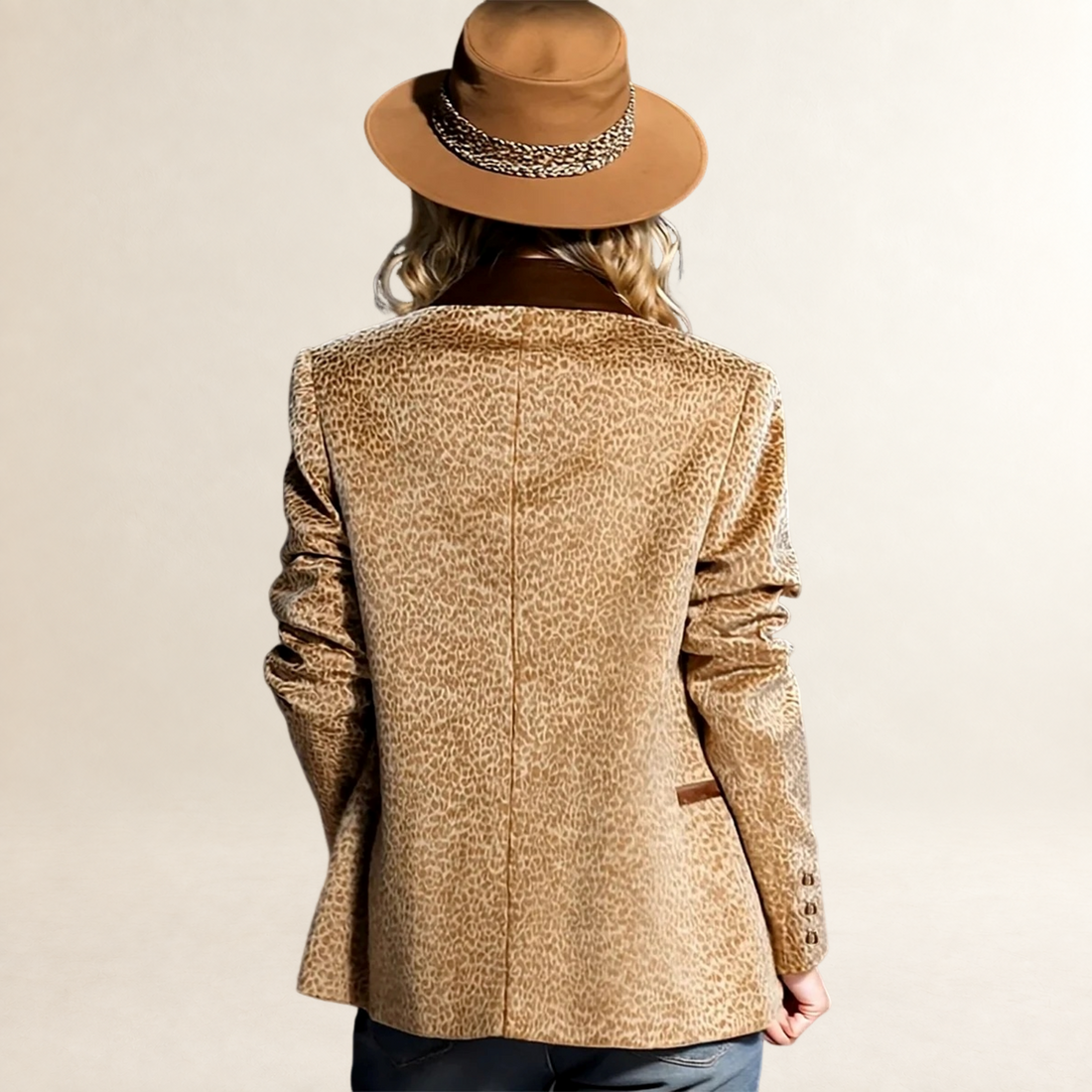 Blazer for Women Leopard Print Double-Breasted Design with Color-Block Collar - Relaxed Fit