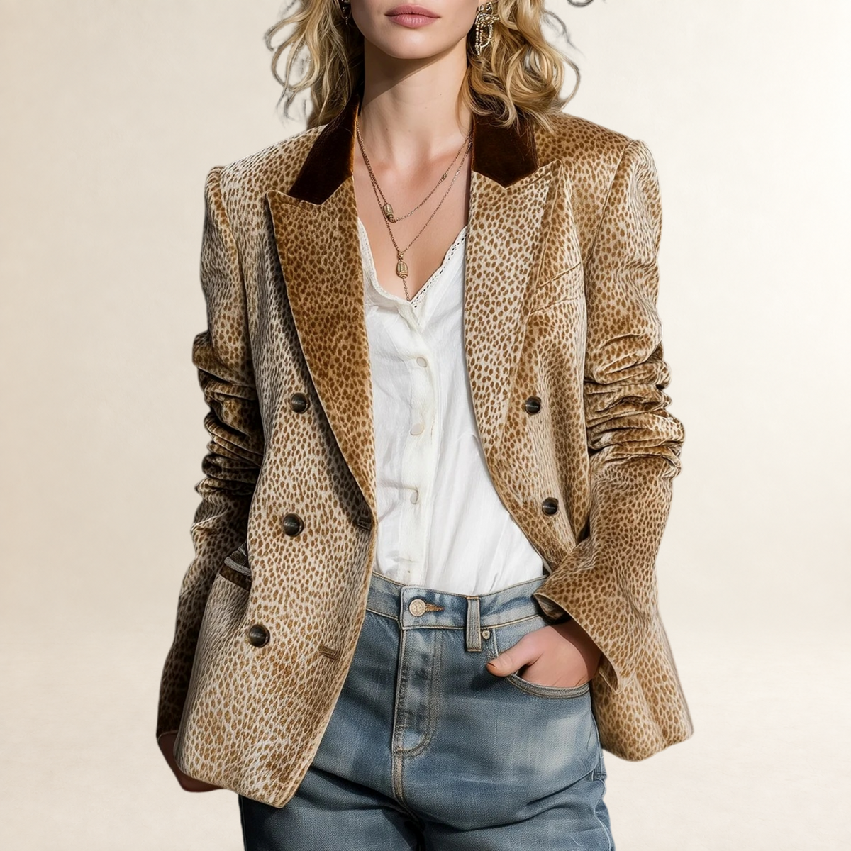 Blazer for Women Leopard Print Double-Breasted Design with Color-Block Collar - Relaxed Fit