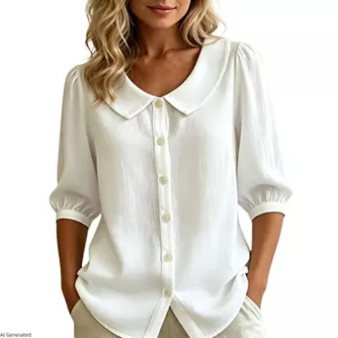 Blouse for Women Button-Front Peter Pan Collar, 3/4 Puff Sleeves, Relaxed Fit