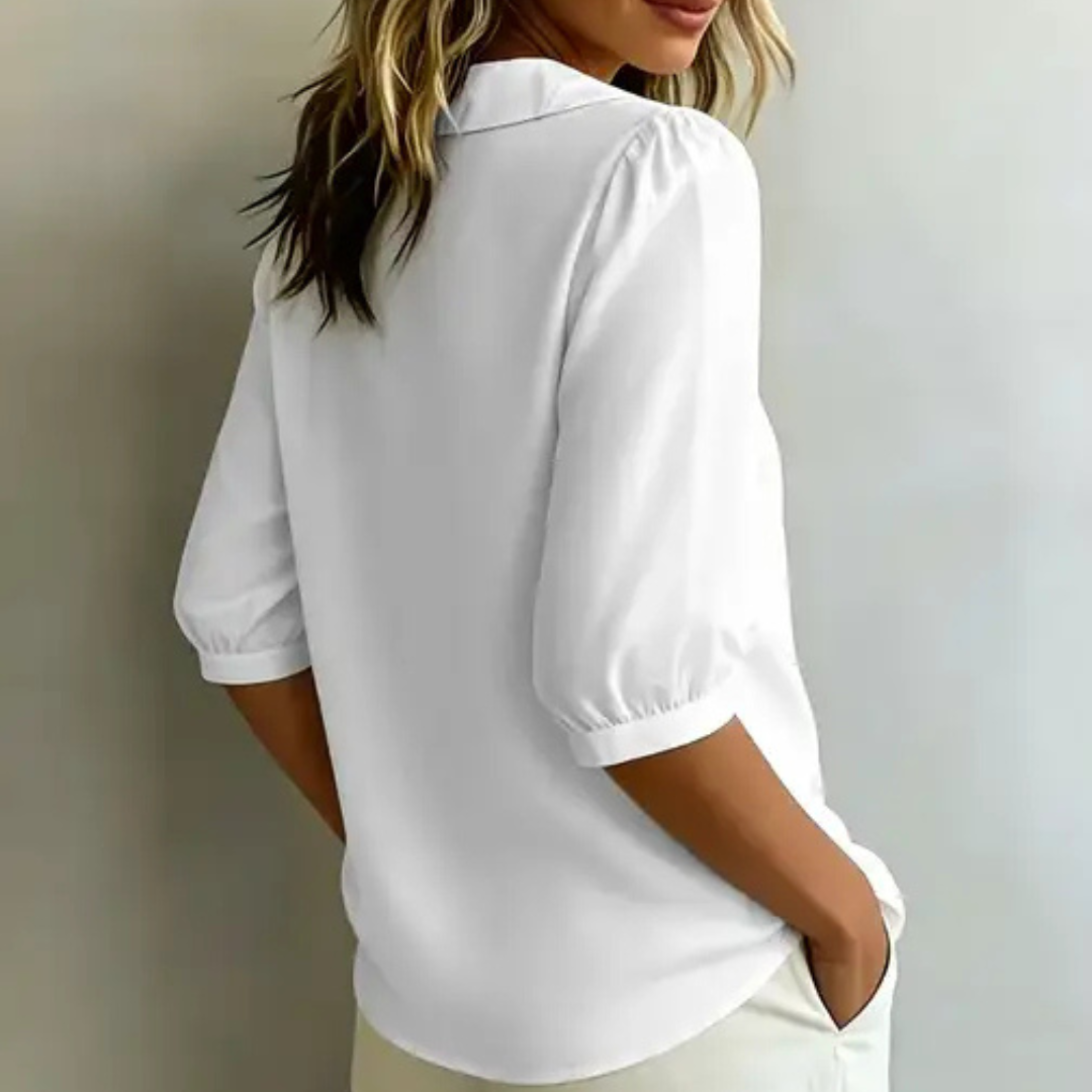 Blouse for Women Button-Front Peter Pan Collar, 3/4 Puff Sleeves, Relaxed Fit