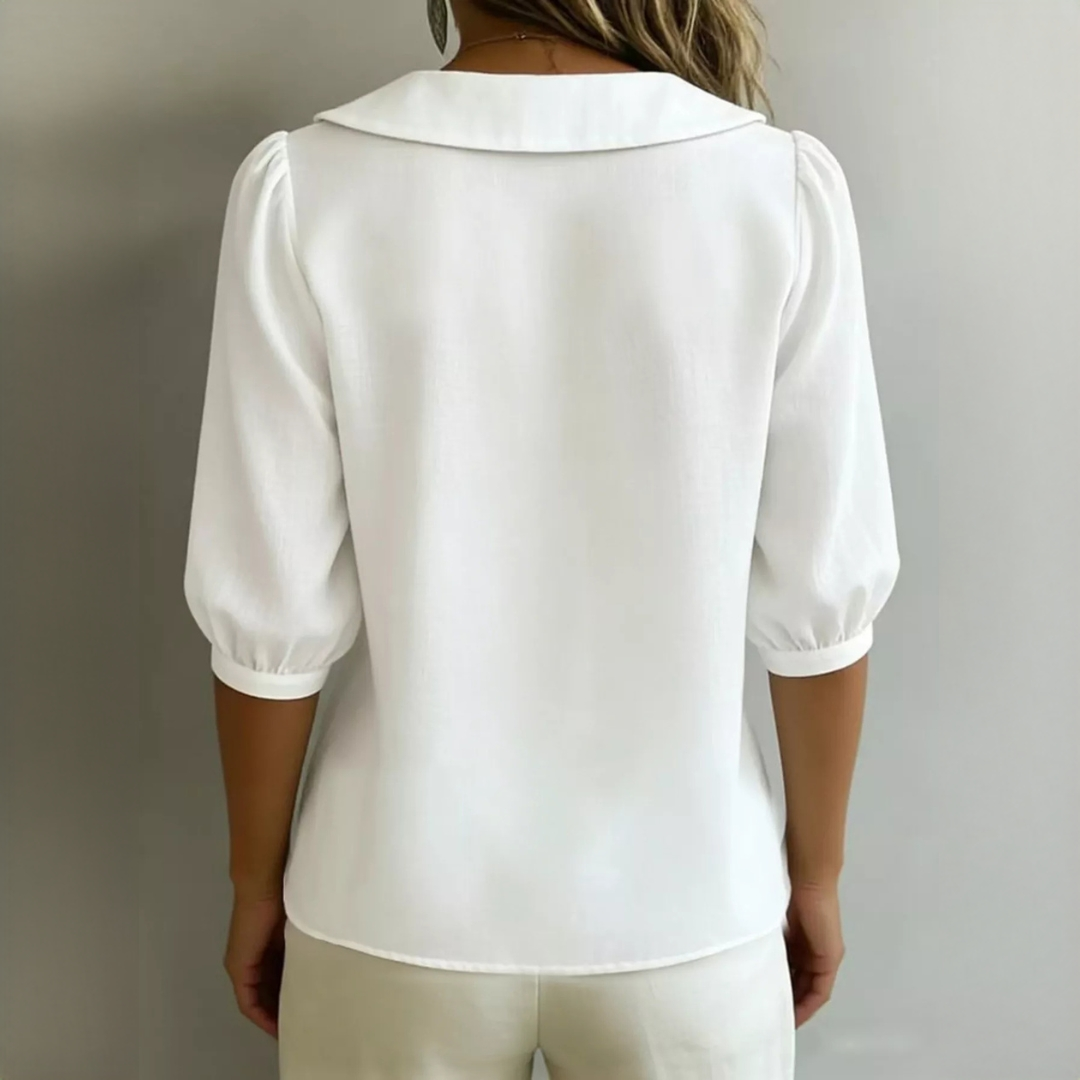 Blouse for Women Button-Front Peter Pan Collar, 3/4 Puff Sleeves, Relaxed Fit