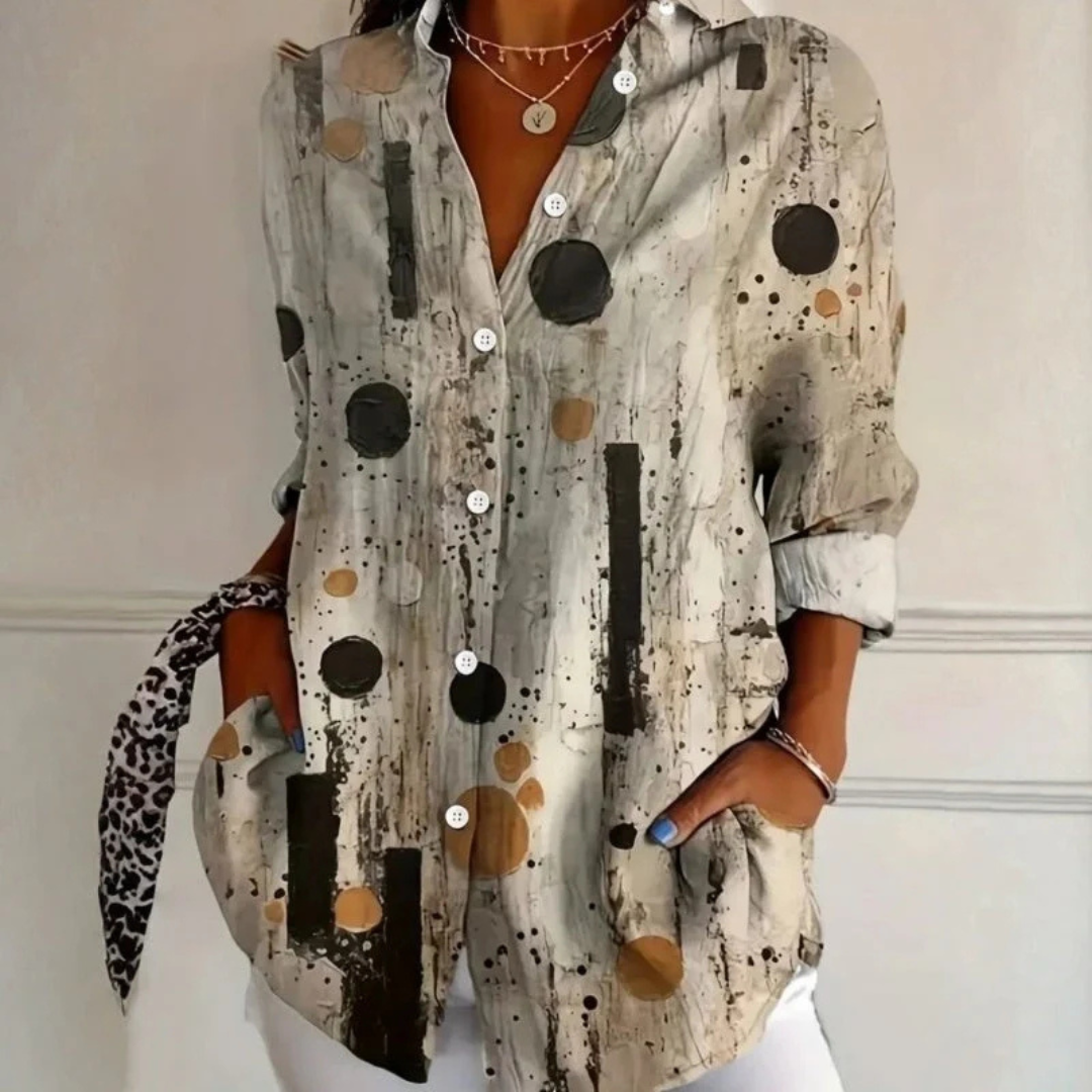Blouse for Women Collared Button-Front with Roll‑Up Long Sleeves, Side Pockets, Relaxed Fit, Printed