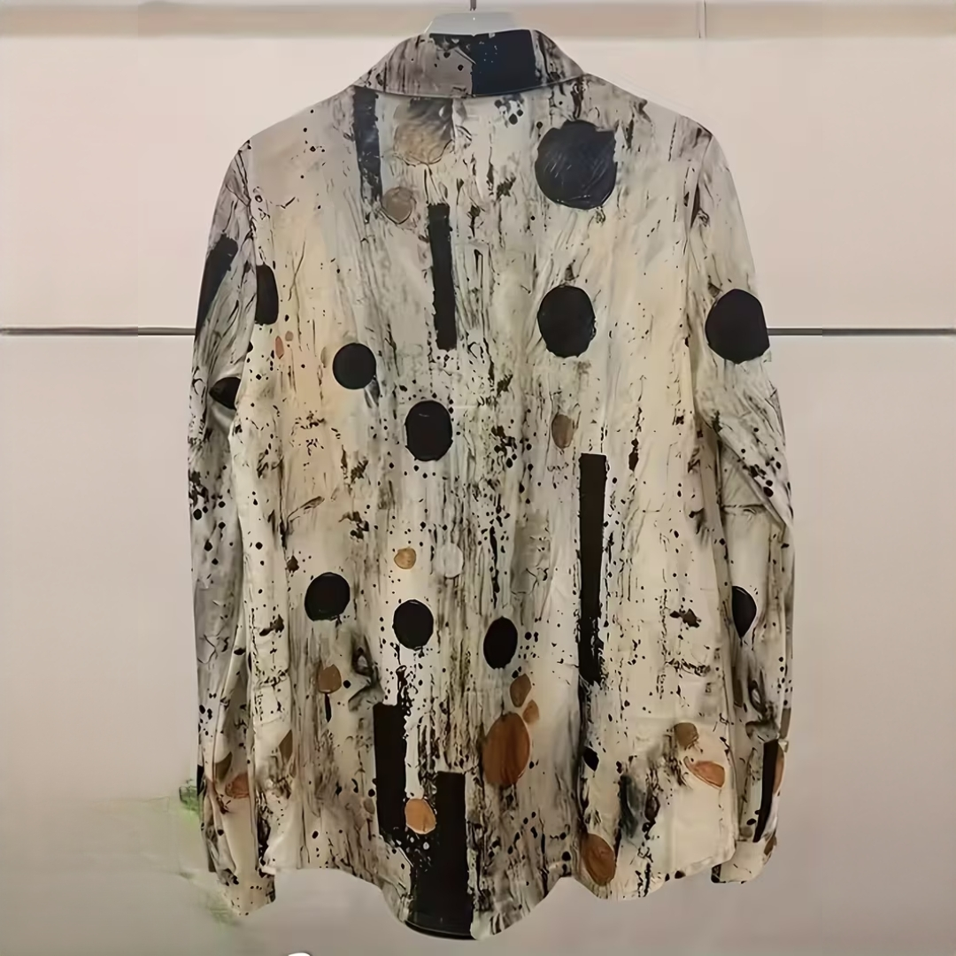 Blouse for Women Collared Button-Front with Roll‑Up Long Sleeves, Side Pockets, Relaxed Fit, Printed