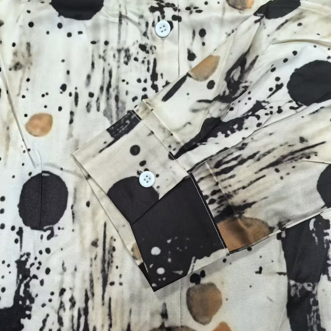 Blouse for Women Collared Button-Front with Roll‑Up Long Sleeves, Side Pockets, Relaxed Fit, Printed