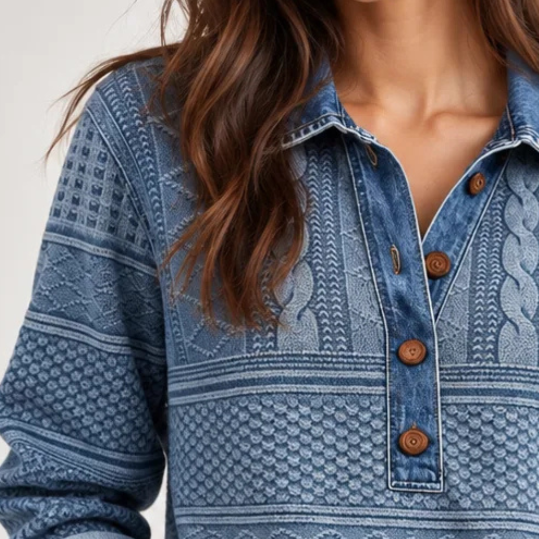 Blouse for Women, Contrast Collar & Cuff, Long Sleeve with Partial Button Placket, Relaxed Fit