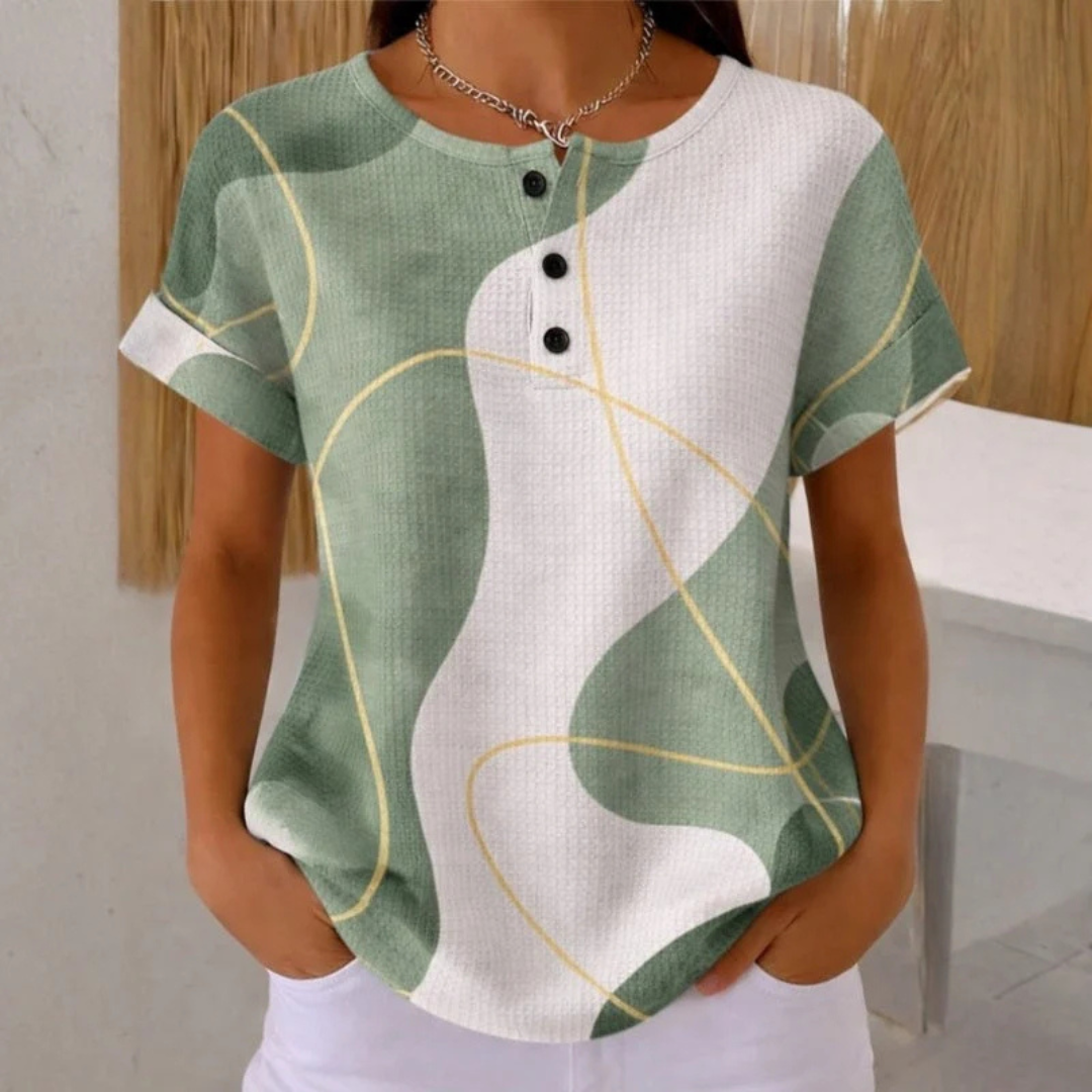Blouse for Women - Short-Sleeve Henley with 3-Button Placket, Round Neck, Rolled Cuffs, Relaxed Fit, Abstract Colorblock Print