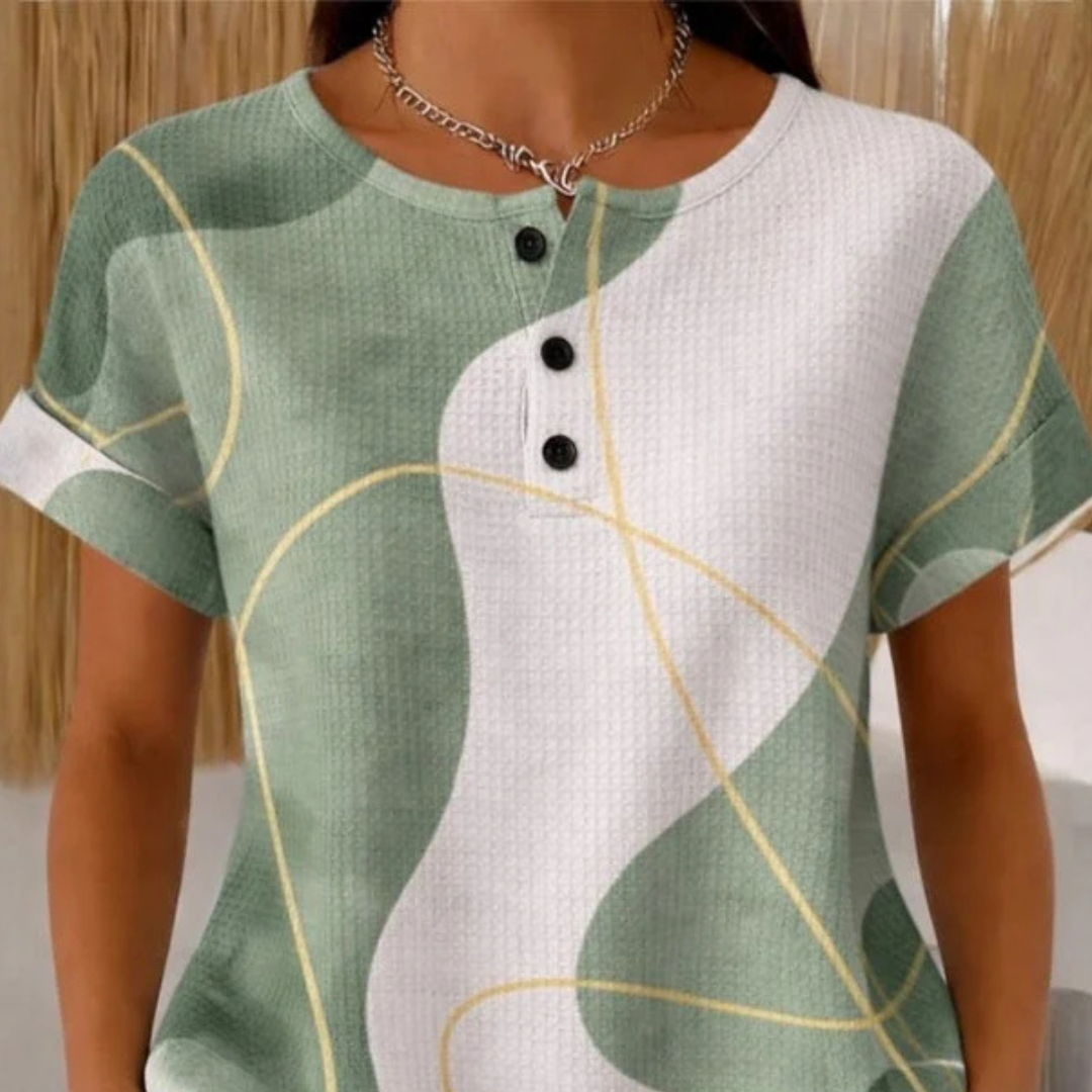 Blouse for Women - Short-Sleeve Henley with 3-Button Placket, Round Neck, Rolled Cuffs, Relaxed Fit, Abstract Colorblock Print