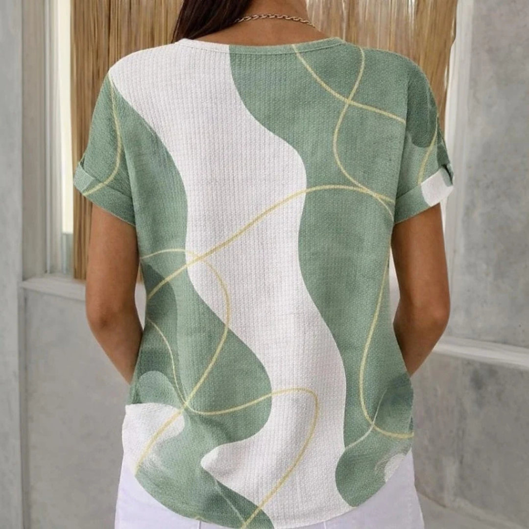 Blouse for Women - Short-Sleeve Henley with 3-Button Placket, Round Neck, Rolled Cuffs, Relaxed Fit, Abstract Colorblock Print