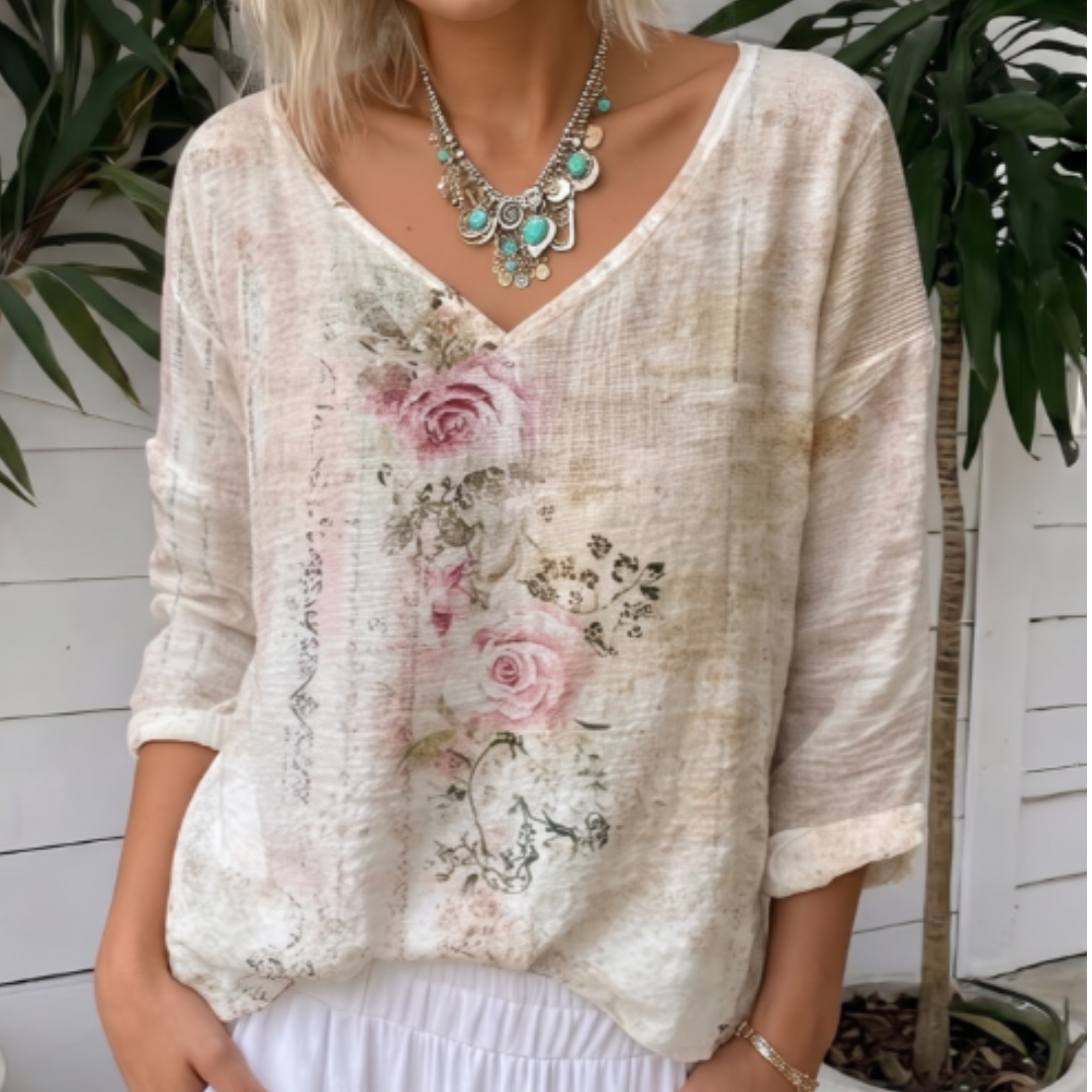 Blouse for Women V-neck Long Sleeve Relaxed Fit Vintage Floral Print
