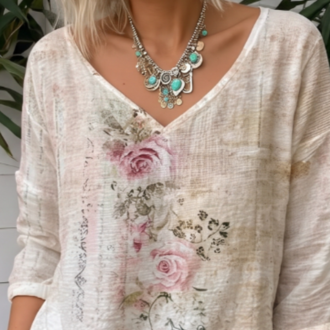 Blouse for Women V-neck Long Sleeve Relaxed Fit Vintage Floral Print