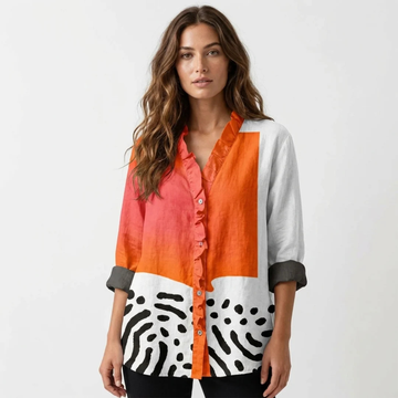 Blouse Women's Ruffle V-Neck Button-Front Long-Sleeve Relaxed Fit High-Low Hem