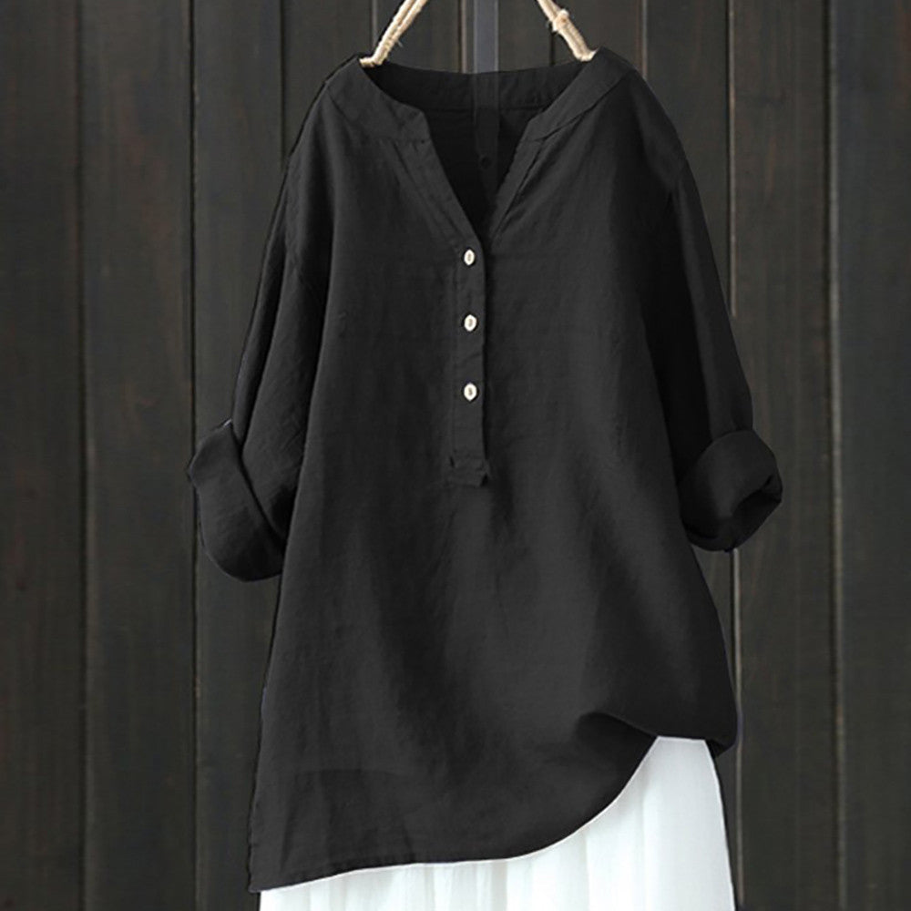 Blouse - Women's V-neck Tunic with 3-Button Placket, Long Roll-Cuff Sleeves, Relaxed Fit, Asymmetric Hem