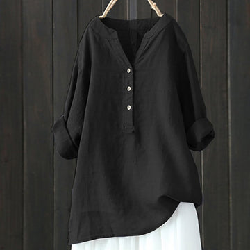 Blouse - Women's V-neck Tunic with 3-Button Placket, Long Roll-Cuff Sleeves, Relaxed Fit, Asymmetric Hem