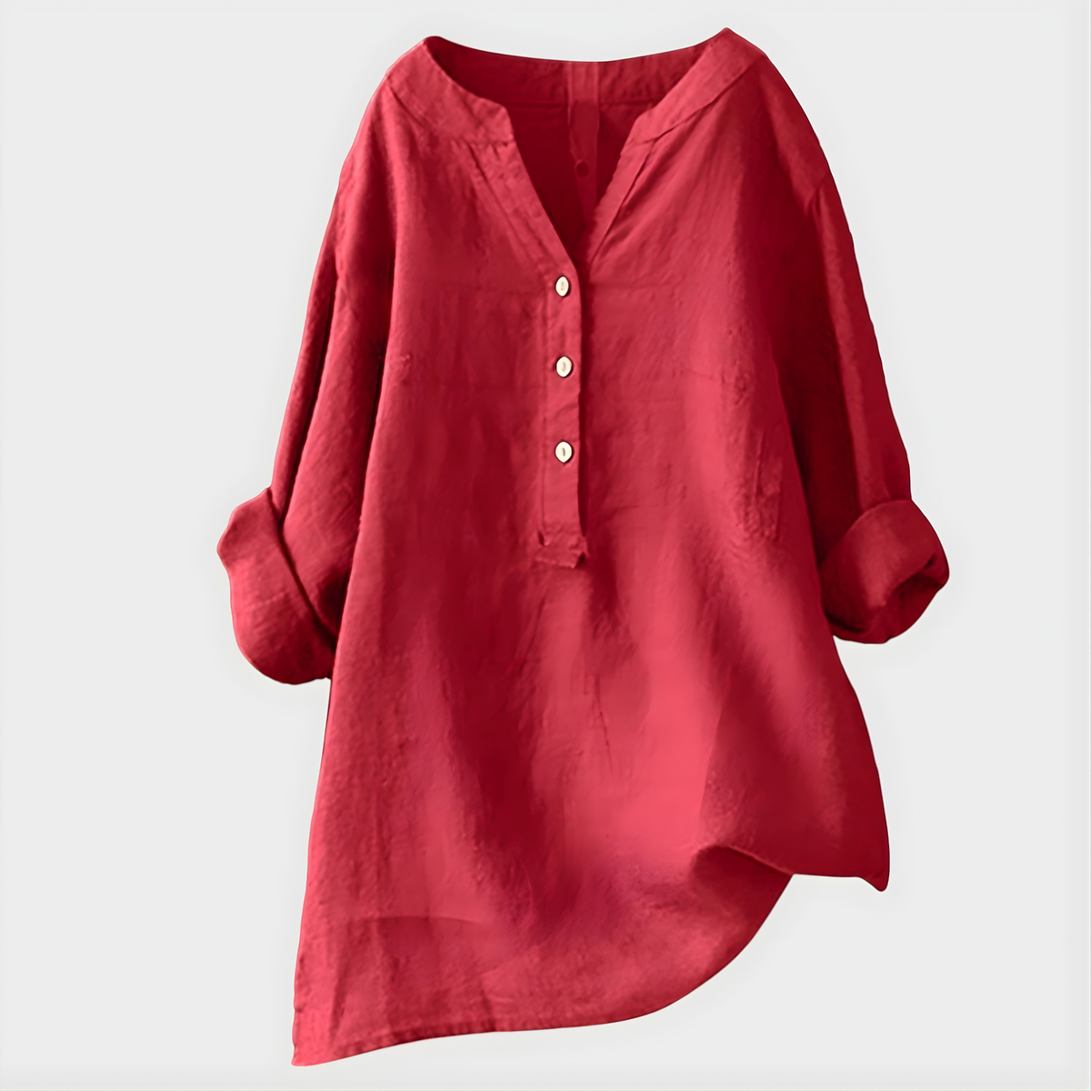 Blouse - Women's V-neck Tunic with 3-Button Placket, Long Roll-Cuff Sleeves, Relaxed Fit, Asymmetric Hem