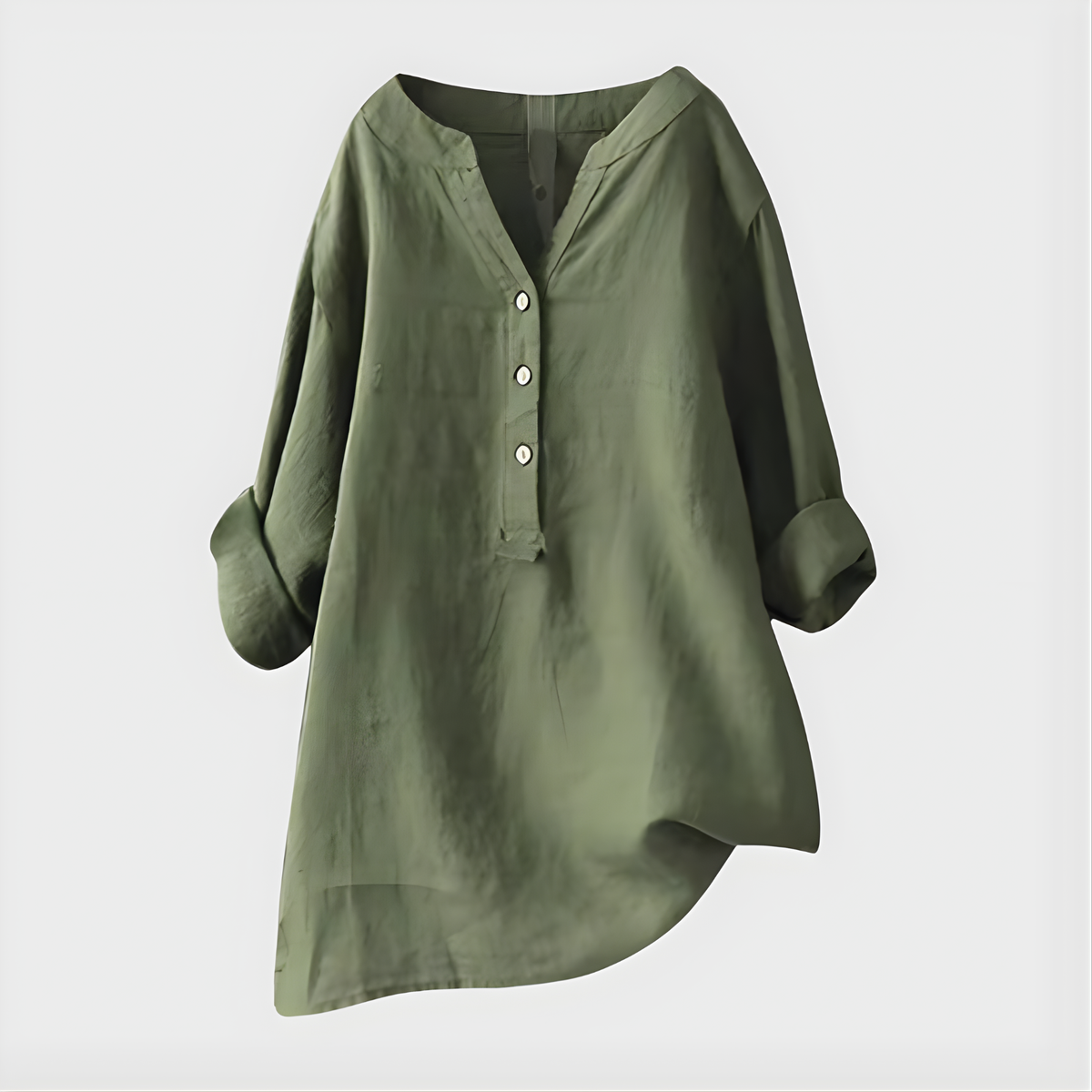 Blouse - Women's V-neck Tunic with 3-Button Placket, Long Roll-Cuff Sleeves, Relaxed Fit, Asymmetric Hem