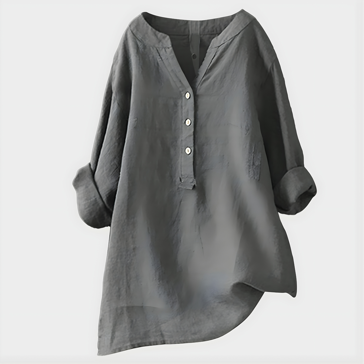 Blouse - Women's V-neck Tunic with 3-Button Placket, Long Roll-Cuff Sleeves, Relaxed Fit, Asymmetric Hem