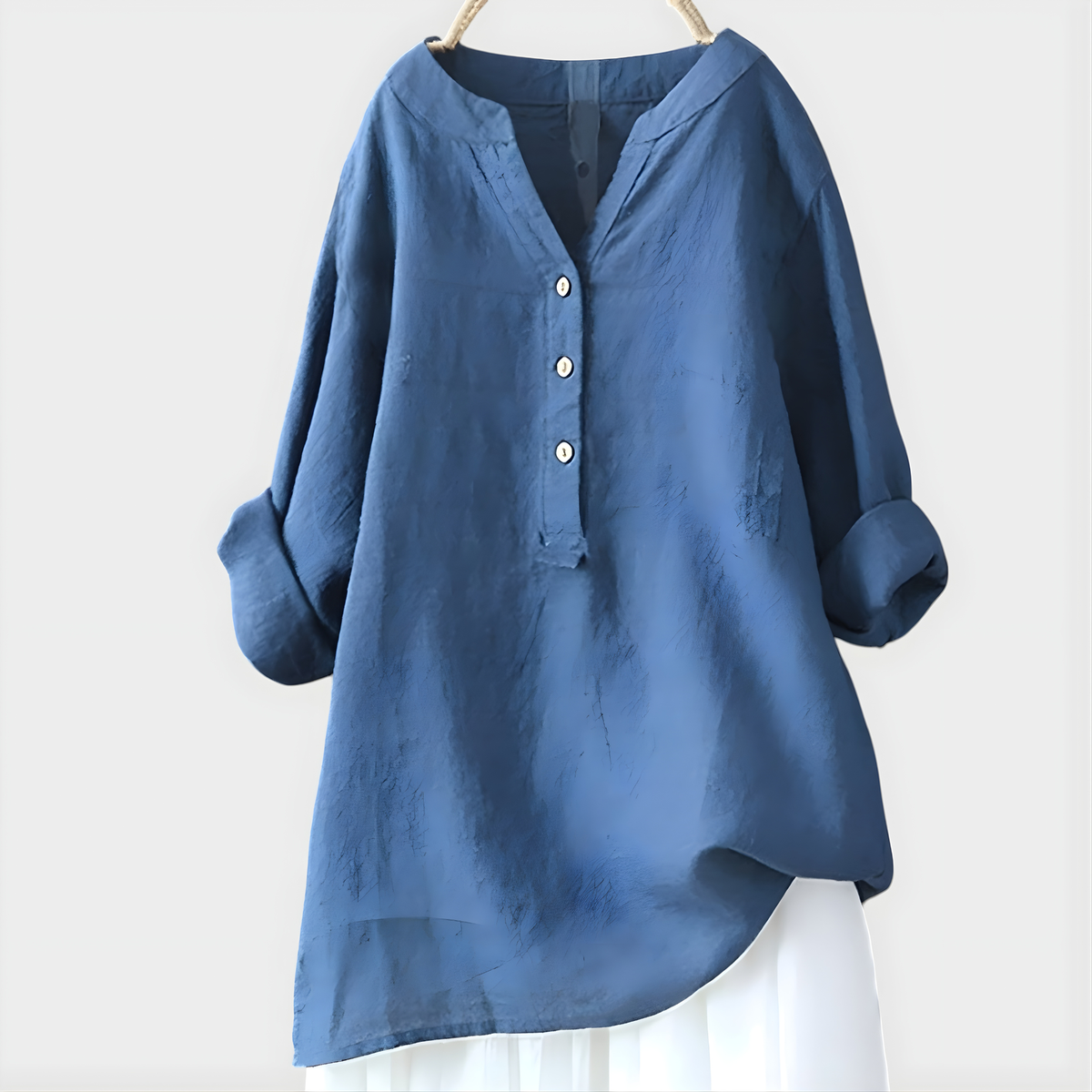 Blouse - Women's V-neck Tunic with 3-Button Placket, Long Roll-Cuff Sleeves, Relaxed Fit, Asymmetric Hem