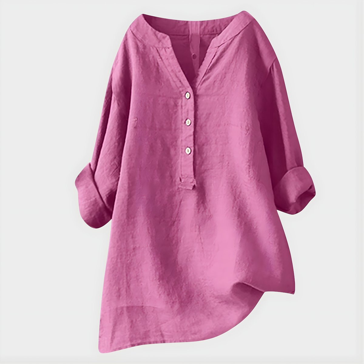 Blouse - Women's V-neck Tunic with 3-Button Placket, Long Roll-Cuff Sleeves, Relaxed Fit, Asymmetric Hem