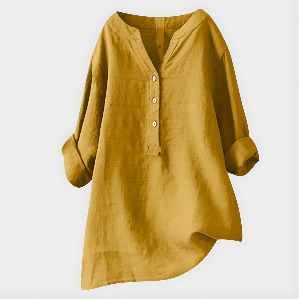 Blouse - Women's V-neck Tunic with 3-Button Placket, Long Roll-Cuff Sleeves, Relaxed Fit, Asymmetric Hem