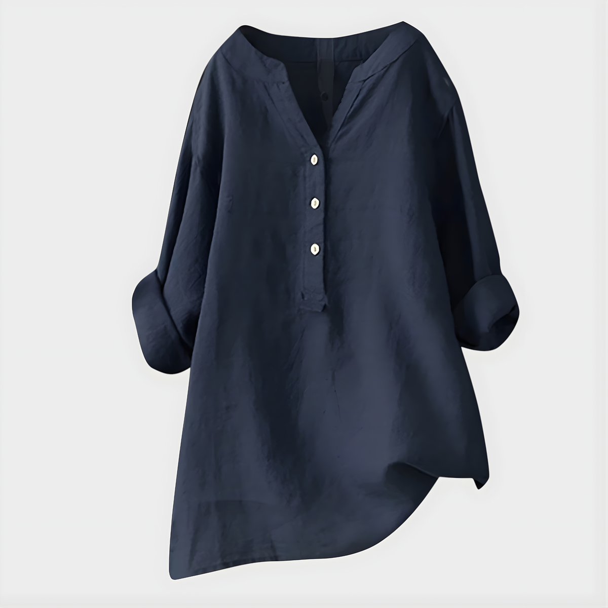 Blouse - Women's V-neck Tunic with 3-Button Placket, Long Roll-Cuff Sleeves, Relaxed Fit, Asymmetric Hem